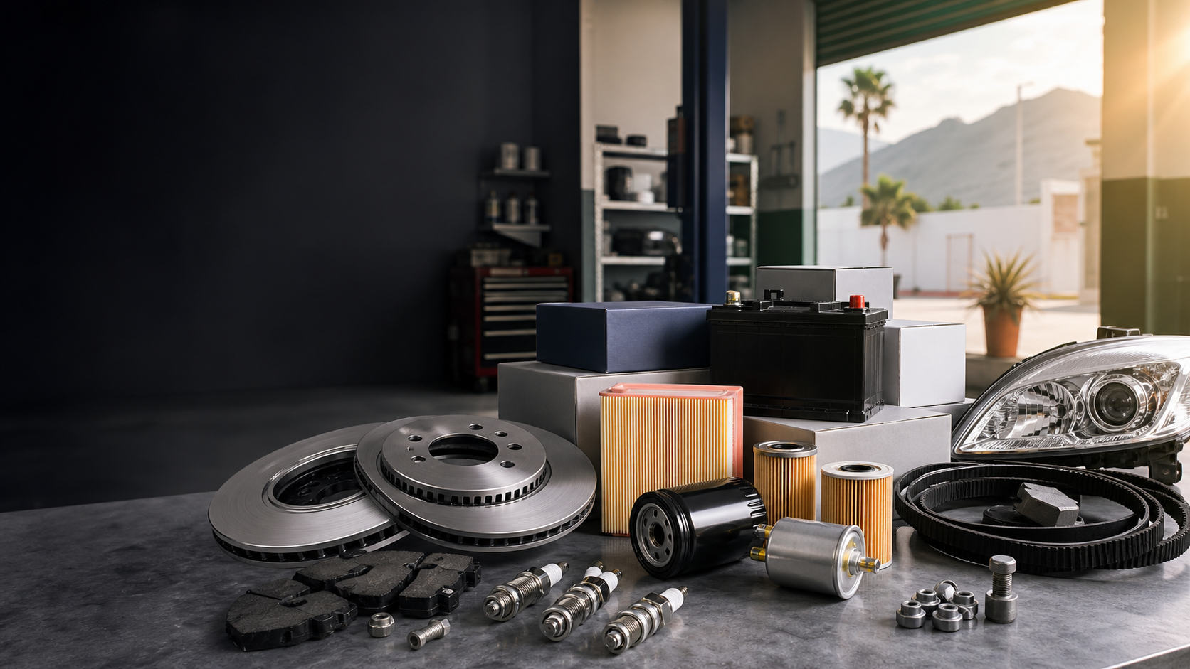 Pieces automobiles organisees sur un comptoir moderne
